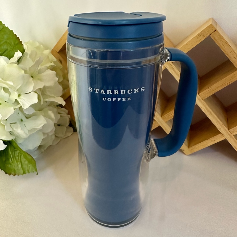 Starbucks 2008 Blue Acrylic Rubber Handle Thermal Travel Mug 16 fl. oz.